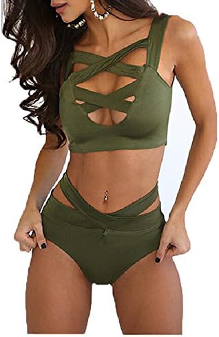 Women's Army Green Sexy Criss Cross High Waist Bandage 2PCS Bikini Set Swimsuit