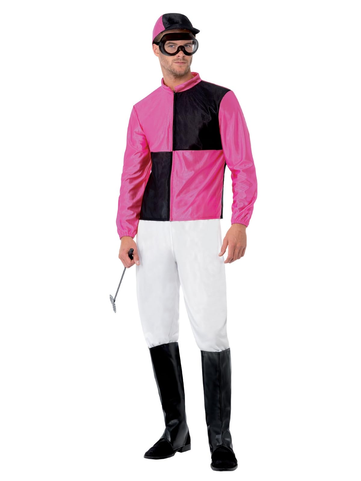 Smiffys Jockey Costume, Pink & Black Top, Trousers, Bootcovers, Hat & Goggles, Icons & Idols Fancy Dress, Adult Dress Up Costumes