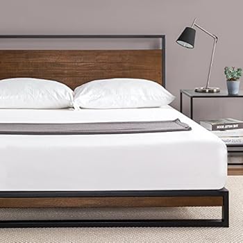 Zinus Ironline Metal and Wood Platform Bed with Headboard / Box Spring Optional / Wood Slat Support, Queen