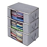 Awekris Foldable Storage Bag, Set of 3 Large Foldable Clothes Organizer, Clear Window & Carry Handles, Great for Clothes, Blankets, Closets, Bedrooms and More (Grey)
