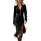 Women Western Suede Midi Dress Lapel Zip Up Long Sleeve Tassel Hem Vintage Slim Fit Fall Spring Dresses