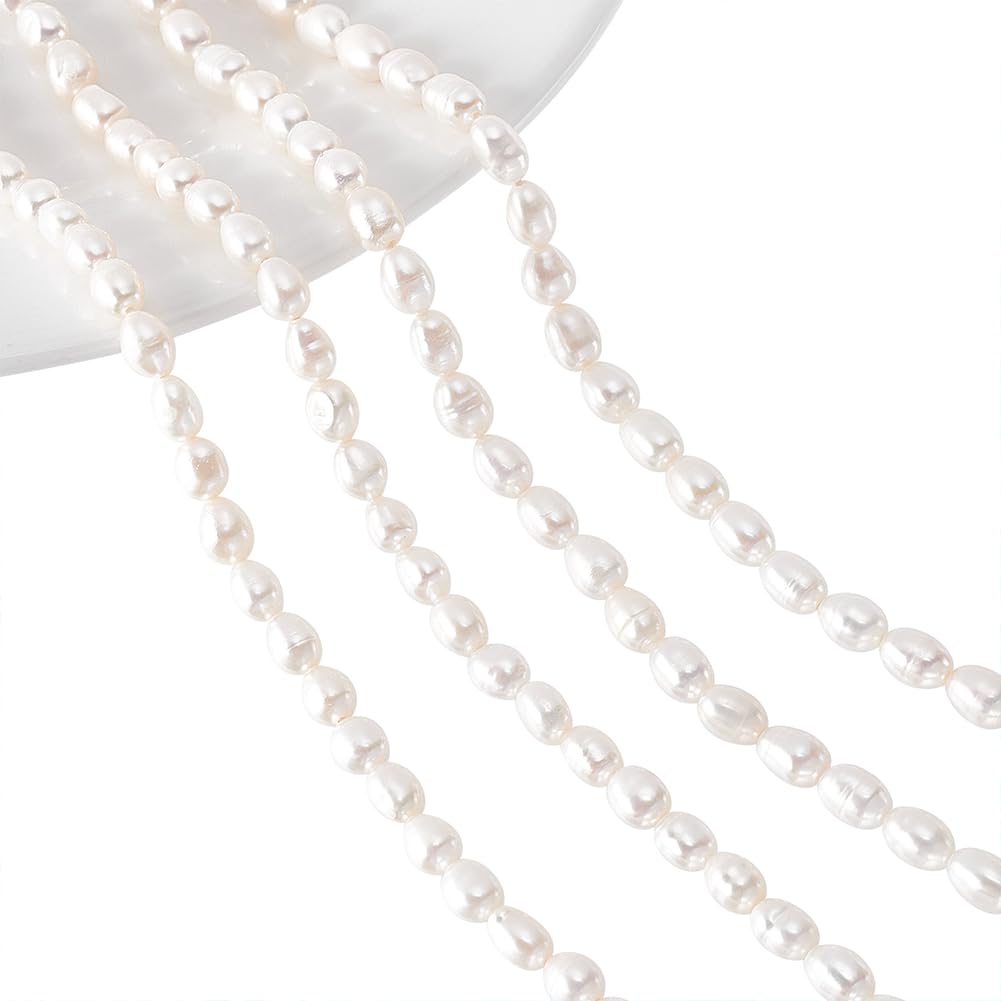 NBEADS 2 Strands Natural Cultured Freshwater Pearl Beads, 4-5mm Natural Oval Freshwater Pearl Beads for DIY Crafts Making Jewelry Bracelets Necklaces Earrings, Rice, Creamy White