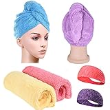 CUH 4 Packs Microfiber Hair Towel Super Absorbent Turban Wrap With 2 Bonus Headbands