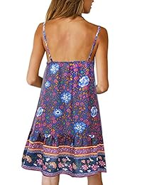 Misslook Vestido corto con tirantes florales para mujer, estilo bohemio, cuello en V, estilo vintage, volantes