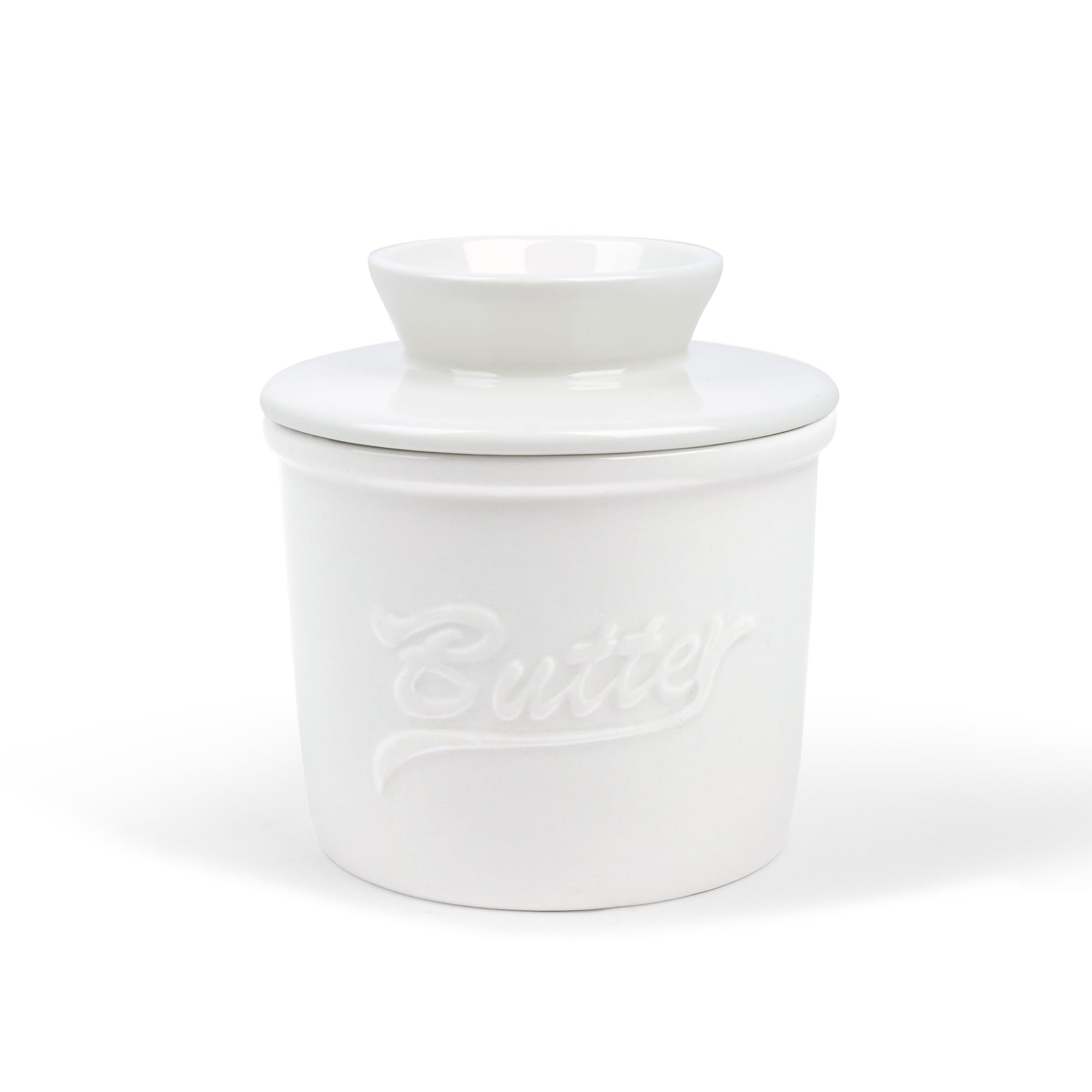 fanquare White Alphabet Porcelain Butter Dish, French Ceramic Butter Crock with Lid and Handle, Sealed Butter Jar with Water Line