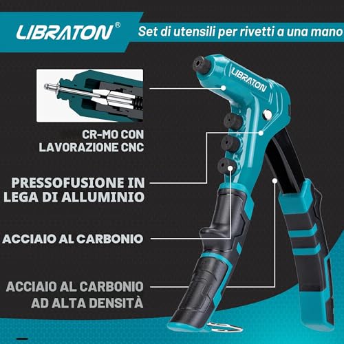 LIBRATON Hand Riveter Professional Riveter Gun with 200 Aluminum Rivets, Includes 4 Drill Bits, 4 Rivet Heads Without Tools (2.4mm, 3.2mm, 4mm, 4.8mm)
