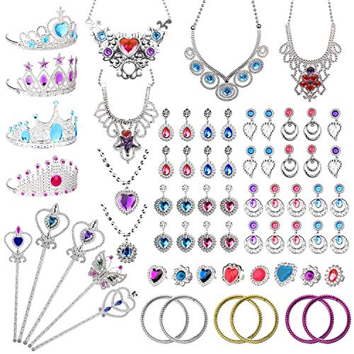 Balhvit 65 Pcs Princess Pretend Jewelry Toy, Girl's Jewelry Dress Up Play Set with Crowns, Necklaces, Earrings, Rings, Wands, Bracelets, Pretend Play Toddler Jewelry for Girls Birthday Party Favors