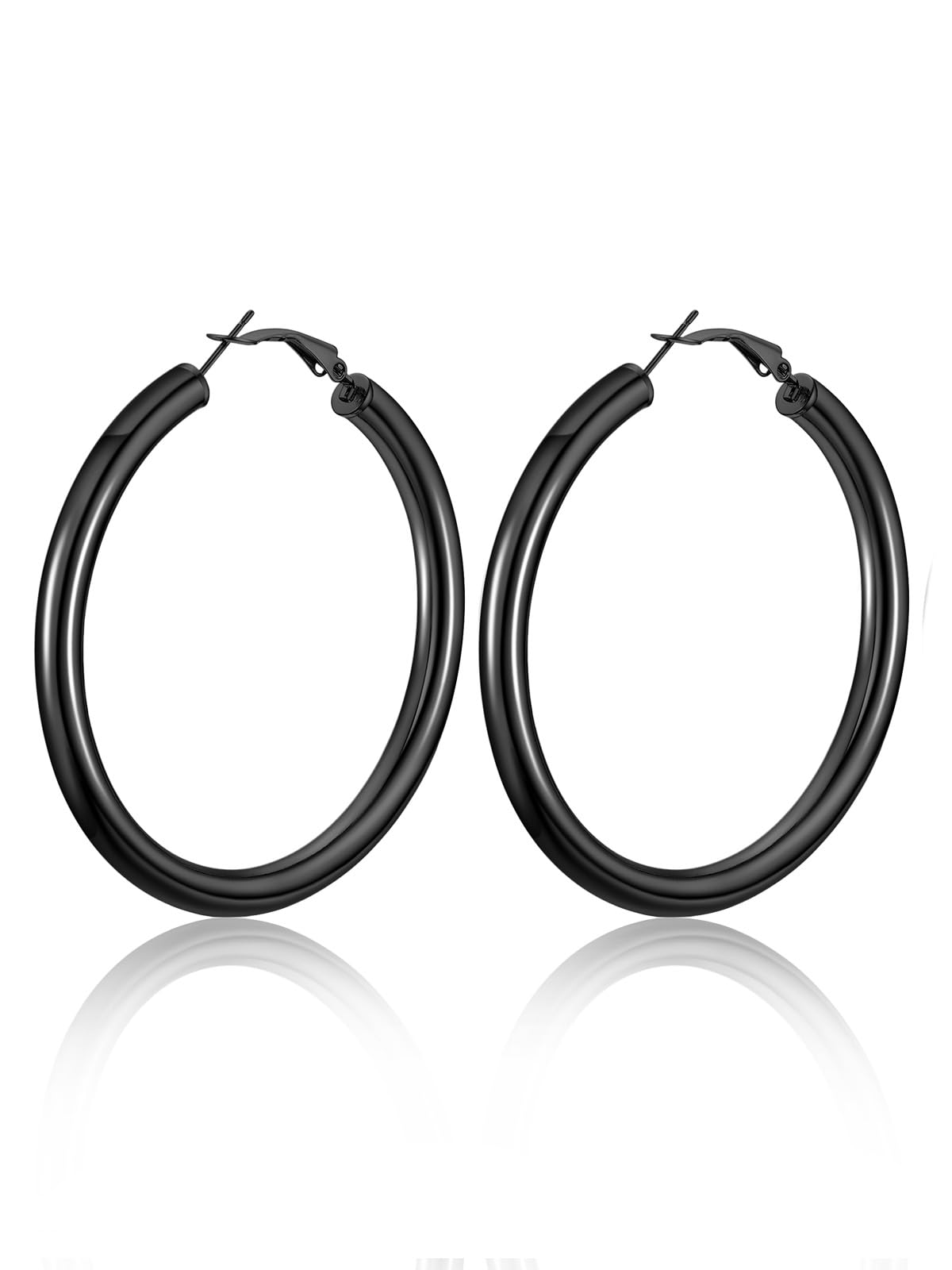 U7 Black Hoop Earring For Women Girls Big Circle Clip On Earrings Stainless Steel