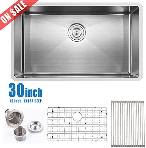 Comllen Best Quality 30 Inch 16 Gauge 10 Inch Deep Handmade Single Bowl Undermount Stainless Steel Kitchen Sink, Including Dish Drying Rack and Dish Grid and Kitchen Sink Strainer((30''x18''x10''))
