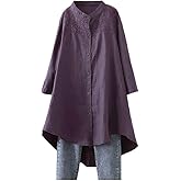 Minibee Women's Cotton Linen Shirt High Low Button Down Embroidered Blouse Long Sleeve Tunic Tops