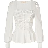 Belle Poque Peplum Tops for Women Square Neck Long Sleeve Blouses Ruffle Hem Smocked Elegant Shirts