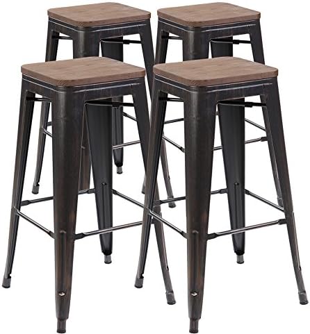 eurosports Tolix Style Metal Chair 3001PB-26-ABB-4 Backless Bar Stools Chair Handmade Wood top seat, Set of 4 Antique Black brush coating 26 inches