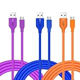 OKRAY 3 Pack Premium 6ft 2M Micro USB Cable PVC USB 2.0 A Male to Micro B Sync and Charge Cables Charging Cords for Android, Samsung, HTC, Motorola, Sony, Nokia, LG, Power bank (Blue Purple Orange)