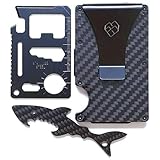 Slim Carbon Fiber Wallet with Money Clip & Real Carbon Fiber Bottle Opener Keychain & Black Metal Minimalist Multitool - RFID Blocking Front Pocket Credit Card Holder for Men and Women