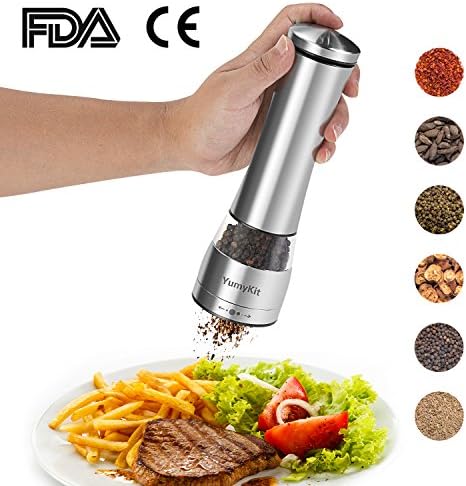YumyKit Electric Pepper Grinder and Salt Grinder Mill Set Battery Operated, Stainless Steel Shell Design