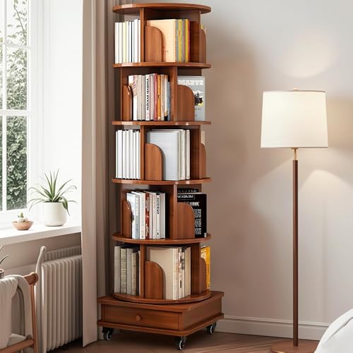 Estante Giratorio de 360 Libros, Librero Giratorio 360, Redondo de Almacenamiento de 360, Estanterías de Esquina de 5 Niveles para Espacios Pequeños, Librería Giratoria de Suelo para Dormitorio