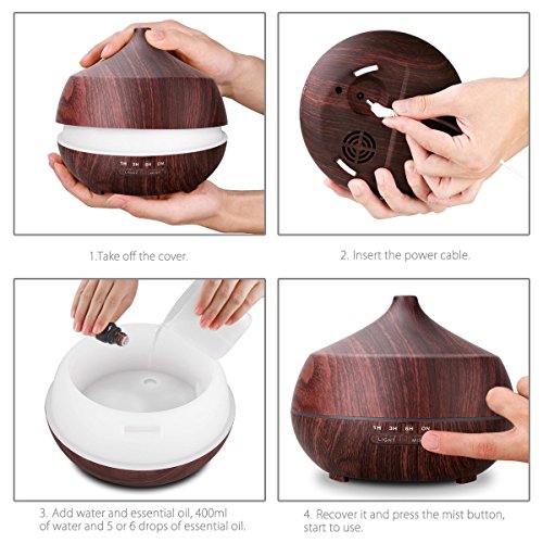 Tenswall Aromatherapy Essential Oil Diffuser, 400ml Aromatherapy Diffuser Ultrasonic Cool Mist Humidifier, Auto Shut-Off, 4 Timer Settings,7 Color LED Lights Changing for Office Home Baby