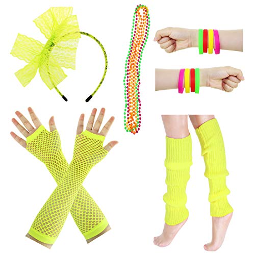 JINSEY Women's 80s Outfit accessories Leg Warmers Gloves For 1980s Theme Party Supplies-Yellow - Thumbnail 6
