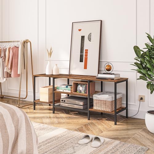 3 Tier TV Stand Table for Living Room, 140 cm TV Shelf for up to 40-65 Inch, TV Unit with Charging Station, Industrial TV Entertainment Center with Open Shelves for Bedroom, Rustic Brown EBF40KDS01