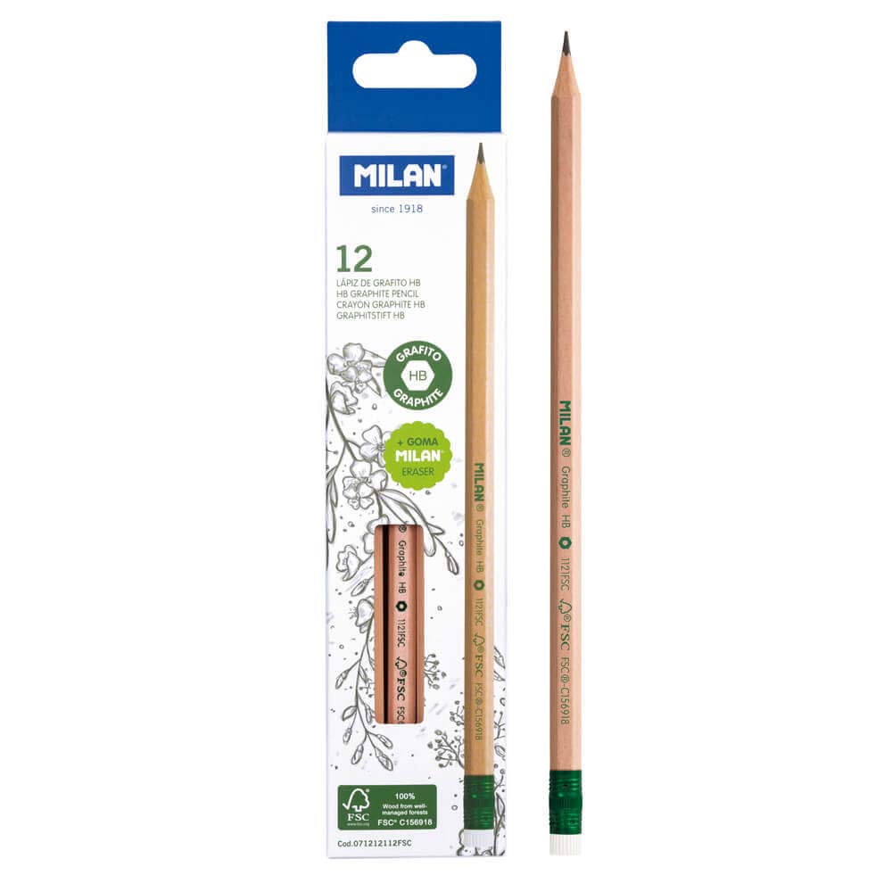 MILAN Box of 12 Graphite HB Hexagonal Pencils with Rubber, FSC Certified Wood