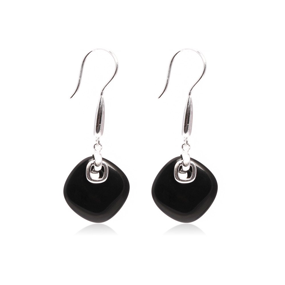 Sweet & Happy Girl's Store 19mm Square Black Agate Beads Marcasite Tibetan Silve Dangle Earrings Jewelry