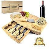 H&L HOME Natural Bamboo Cheese Board Set with 4 Serving Knives and Hidden, Removable Storage Drawer, with Bonus Wine Bag