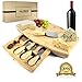H&L HOME Natural Bamboo Cheese Board Set with 4 Serving Knives and Hidden, Removable Storage Drawer, with Bonus Wine Bag