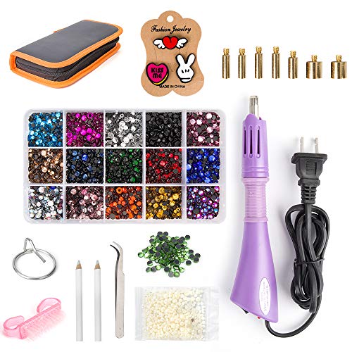 Hotfix Applicator,DIY Hot Fix Rhinestone Applicator Tool Kit with 7 Different Sizes Tips,Tweezer,Wax Pencil,Support Stand,Brush and 1 Box Hot-Fix Rhinestone Crystal Embellishments