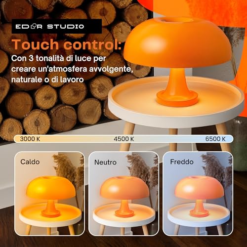 Wireless LED Bedside Lamp-Mushroom Lamp Vintage Design Space Age-Orange Table Lamp with Remote Control, USB Rechargeable Battery, 3 Colors, Touch Dimmer, Atmosphere Lighting
