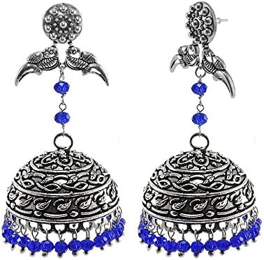 Silvesto India Rajasthani Tribal Jewelry-3 mm Blue Crystal Hanging ParrotStuds Jhumki Earrings PG-31953