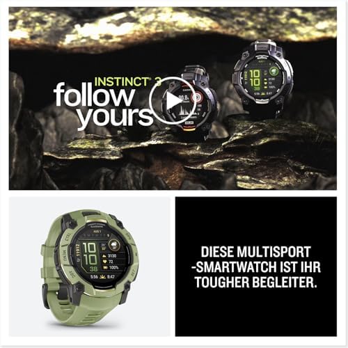 Instinct 3 50mm AMOLED – GPS-Multisport-Smartwatch, 1,3" Display, bis zu 24 Tage Akkulaufzeit, 80+ Sport-Apps, Navigationsfunktion, smarte Features, LED-Taschenlampe, wasserdicht