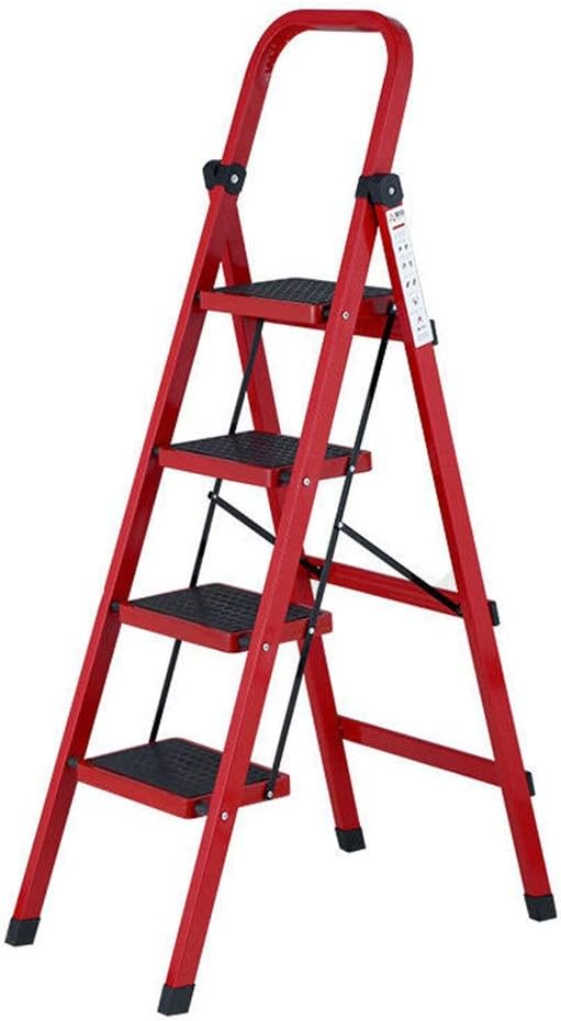 Red Four Steps Steel Ladder, Indoor Safety Ladder Family Photo Ladder