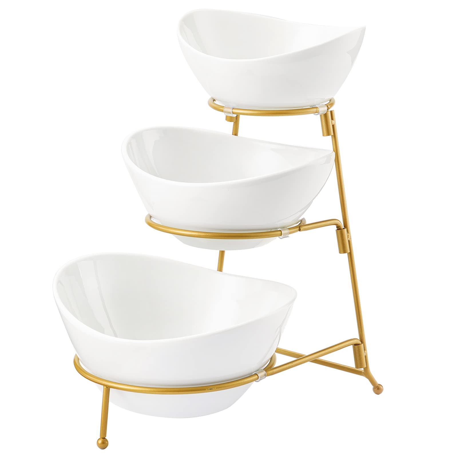 Photo 1 of HBlife 3 Tier Oval Bowl Set with Metal Rack, Ceramic Fruit Bowl Serving, Tiered Serving Stand for Dessert Appetizer Cake Candy Chip Dip (Gold)