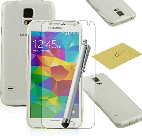 Fulland Premium Slim Fit Flexible TPU Gel Soft Skin Case Cover For Samsung Galaxy S5 V I9600 Plus Stylus Pen &amp; Screen Protector-Clear White