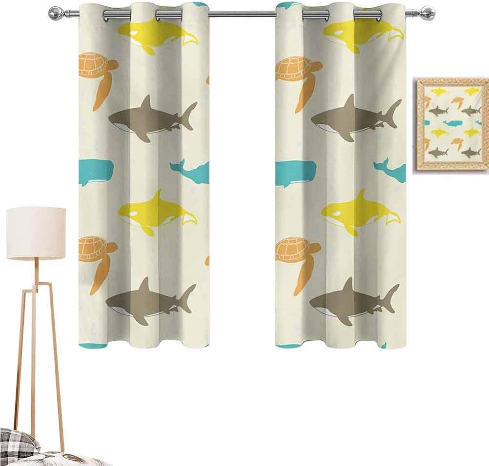 Mozenou Sea Animals Kitchen Curtain Pattern with Whale Shark and Turtle Aquarium Doodle Style Marine Life Ideal for Living Rooms and bedrooms Ivory Taupe Peach 63"x 45"