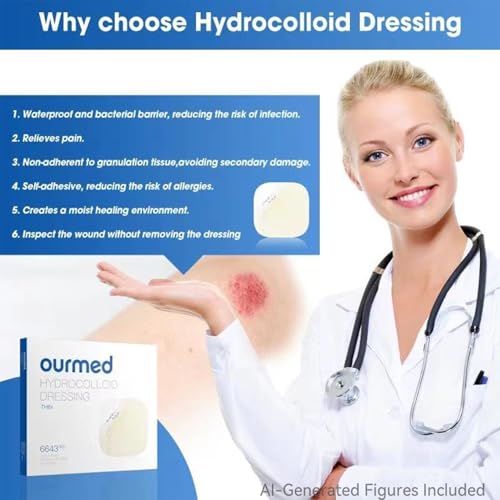 Ourmed Hydrocolloid Plasters Large 5 x 5 cm, 0.3 mm Thick, Waterproof Wound Plasters with Adhesive Surface for Light Exudate Wounds, Blisters, Acne, Surface Wound Care Pack of 10