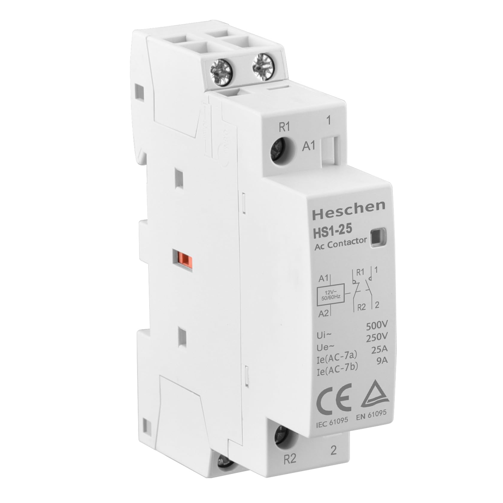 Heschen Household AC Contactor, HS1-25, Ie 25A, 2 Pole 1NO 1NC, AC 12V Coil Voltage, 35 mm DIN Rail Mount
