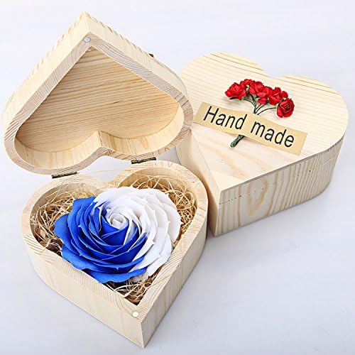 Romantic Scented Bath Soap Rose Flower Petal in Wood Heart Shape Box for Wedding Party Gift (Blue)