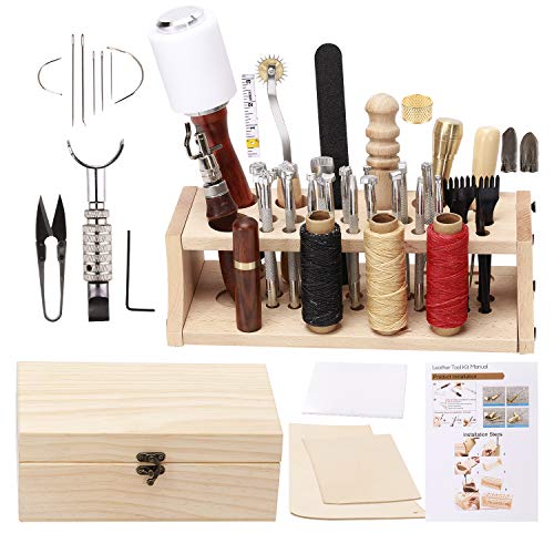 UOOU Leathercraft Hand Tools Kit with Instructions,Leathercraft Working Tools,Stamping Set,Prong Punch,Hand Sewing Stitching, for DIY Leather Working and Saddle Making