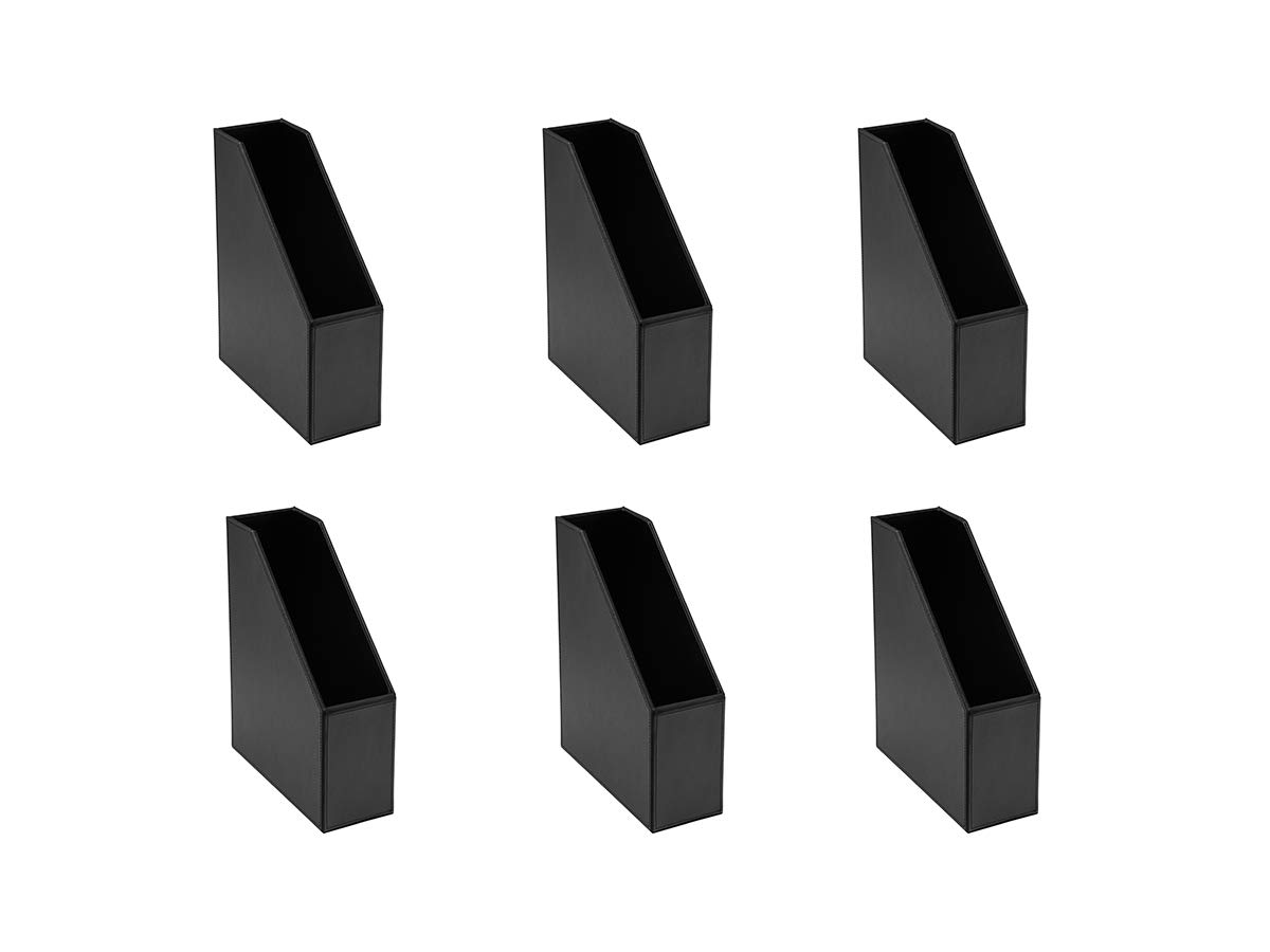 OSCO Black Faux Leather Magazine File Holder A4 6 Pack – 10 cm Wide Desk Organiser, Document & Brochure Storage, Shelf Tidy with Felt Base