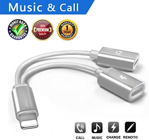 Lightning Adapter Headphone for iPhone7/7Plus/ X/10/8/8Plus,Dual Lightning Port Adaptor Splitter Earphone Jack Audio Charger Cable for Phone Call and Music Control,Support iOS 10.3 or 11.2(Silver)