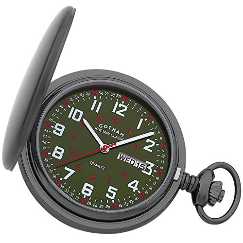 Gotham Men's Railway Classic Gunmetal Stainless Steel Analog Quartz Day/Date Hunter Pocket Watch # GWC14110BGX