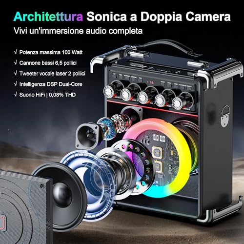 JYX Karaoke with 2 Microphone, 100 W Bluetooth Speaker, 18 Hours Autonomy, Complete Professional Karaoke, Potatile PA System and LED Light & Remote Control, Supports Bluetooth/TF/USB/AUX/TWS