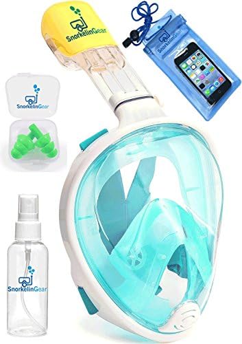 SnorkelinGear Snorkel Mask Set for Adults and Children, Full Face Easybreath Snorkeling Gear with 180 Sea View including Universal Waterproof Case Anti Fog Spray with Earplugs(Green, L/XL)