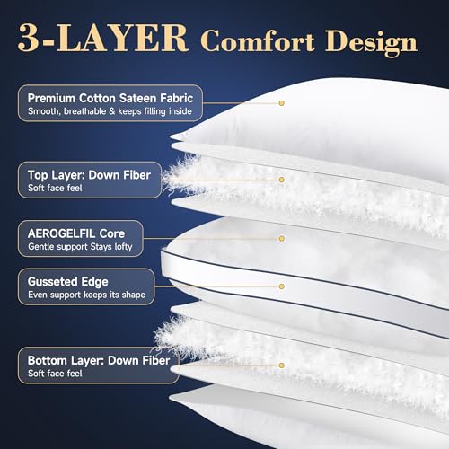 zibroges Down Pillows Queen Size Set of 2, Luxury Hotel Collection Gusseted Bed Pillow for Sleeping, Soft and Fluffy Support, Cotton Cover, Breathable, for Side, Back and Stomach Sleepers