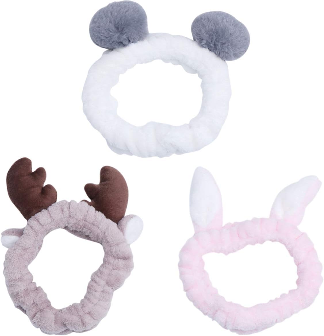 Lurrose 3PCS Cute Animal Ears Headbands Elastic Washing Face Headband Fluffy Rabbit Bear Elk Head Wrap for Girls Woman
