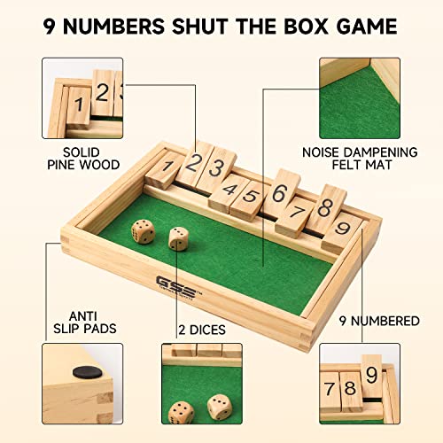 GSE Wooden Shut The Box 9 Numbers Dice Game Board with 2 Wooden Dices