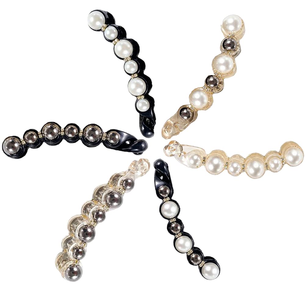 Hair Clips, 6 Pcs Pearls Banana Hairpins Elegant Vertical Women Ponytail Hair Clips Rhinestone Headwear Accessories Women Hair Grips Girl Ponytail Banana Barrettes