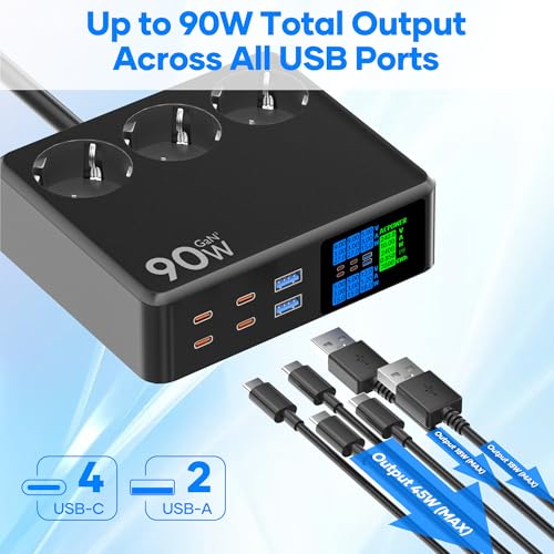 CKCN Power Strip with USB C 6-Port (90 W), Socket Cube 2500 W with LED Display, Multiple Socket with USB Charging Station, Multiple PD Surge Protection Sockets, Extension Cable, 1.2 m, Black