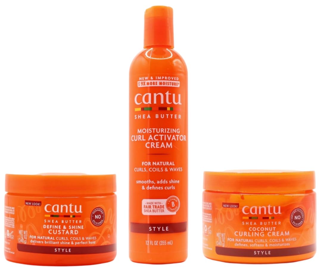 Cantu Shea Butter Moisturizing Curl Activator Cream 12oz with Define & Shine Custard12oz & Coconut Curling Cream 12oz BUNDLE